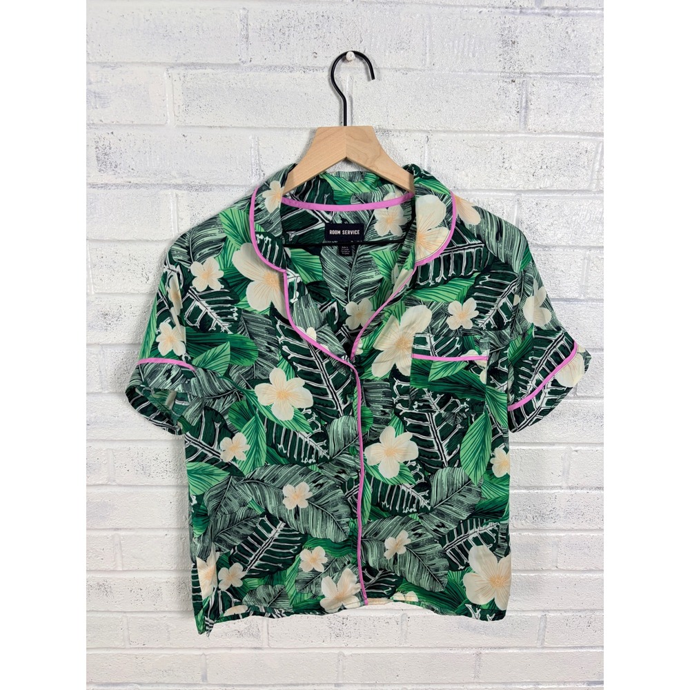 Room Service Pajama Top Women S Green Tropical Palm Leaf Pink Piping PJ Shirt